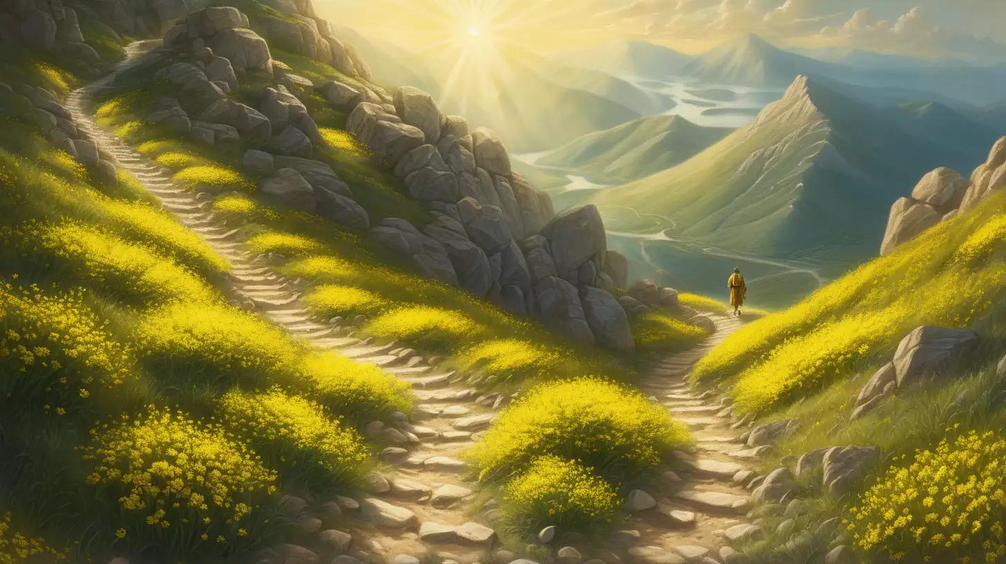epoque biblique, un chemin sinueux qui traverse un paysage montagneux. La montagne est verdoillante, des petites fleurs jaunes, Le soleil brille au-dessus,  Sur le chemin, des empreintes de pas sont visibles. Un homme hébreu en train de marcher sur le sentier. Au bout du chemin lumière divine