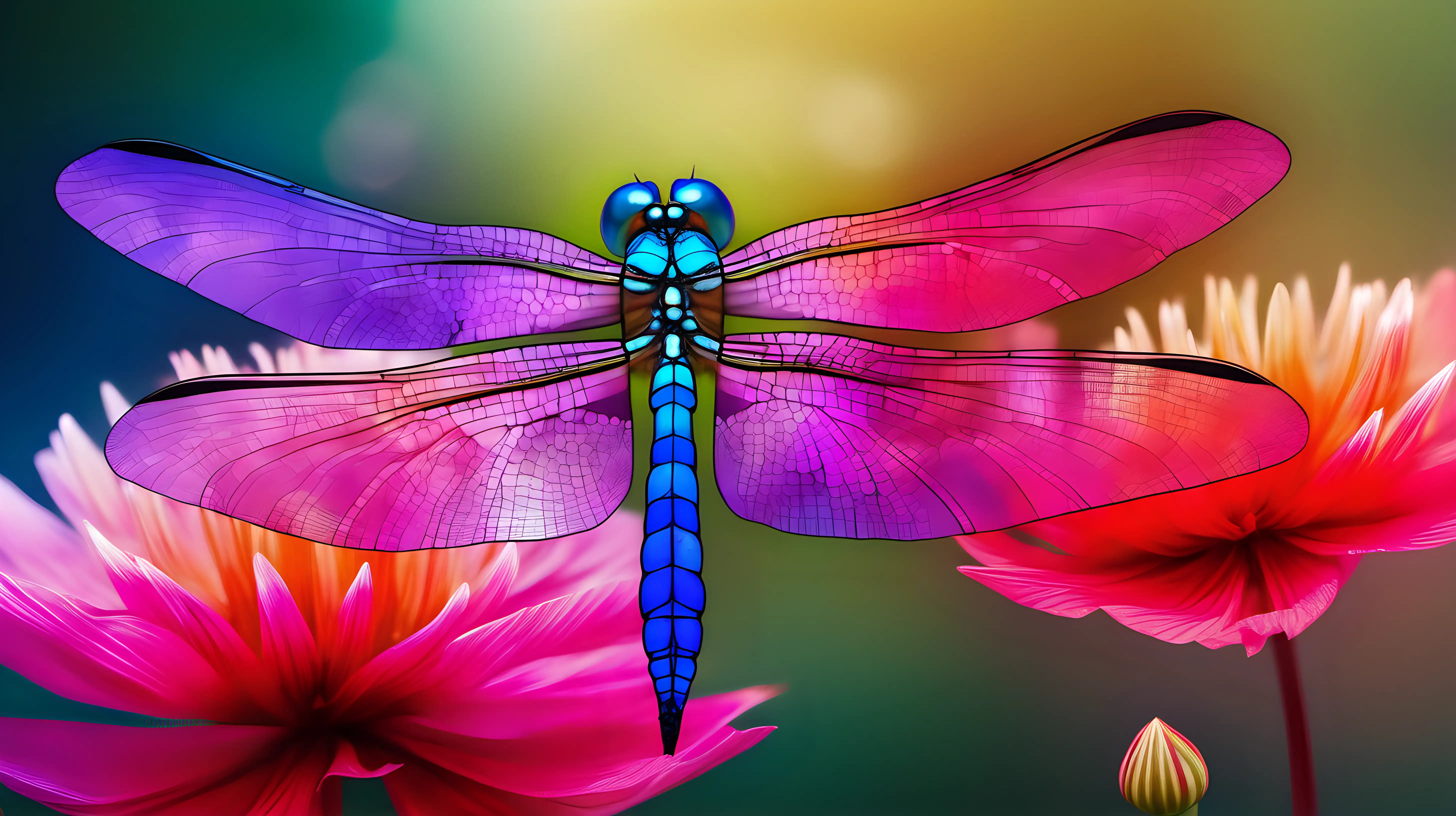 An artistic composition featuring a dragonfly resting on a vibrant flower, emphasizing the contrast between its translucent wings and the floral hues.