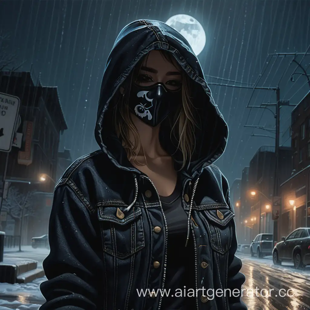 Женщина воительница с тёмной аурой в солнцезащитных очках и в черной маске и одета в чёрную джинсовую куртку с капюшоном стоит ночью в темноте дождь идёт всё вокруг неё растаянный снег и неё падает лунный свет