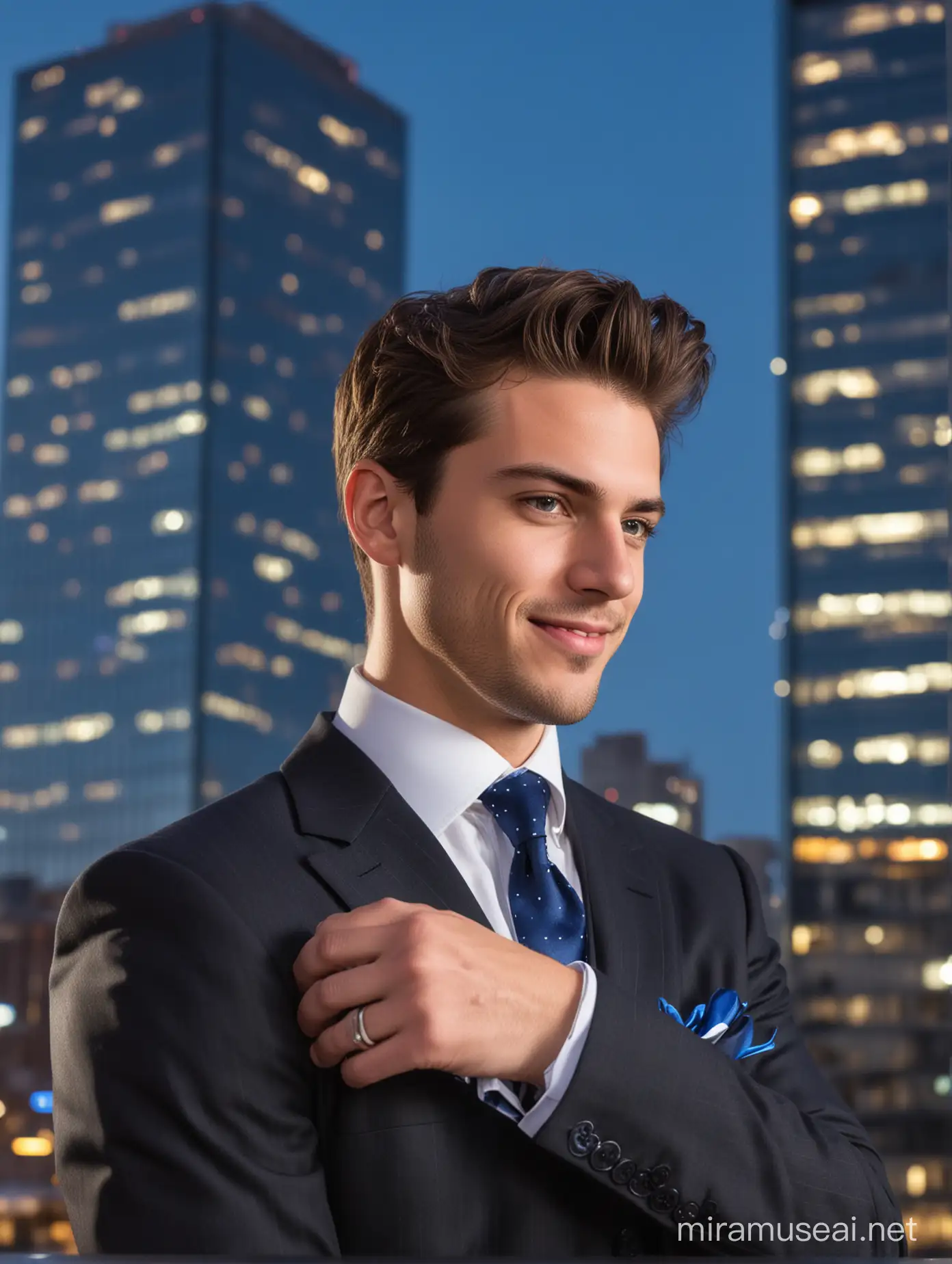 A handsome young man in suit, attending to his cufflinks, with a smirk across his face, and a blue luminous skyscraper behind his back
