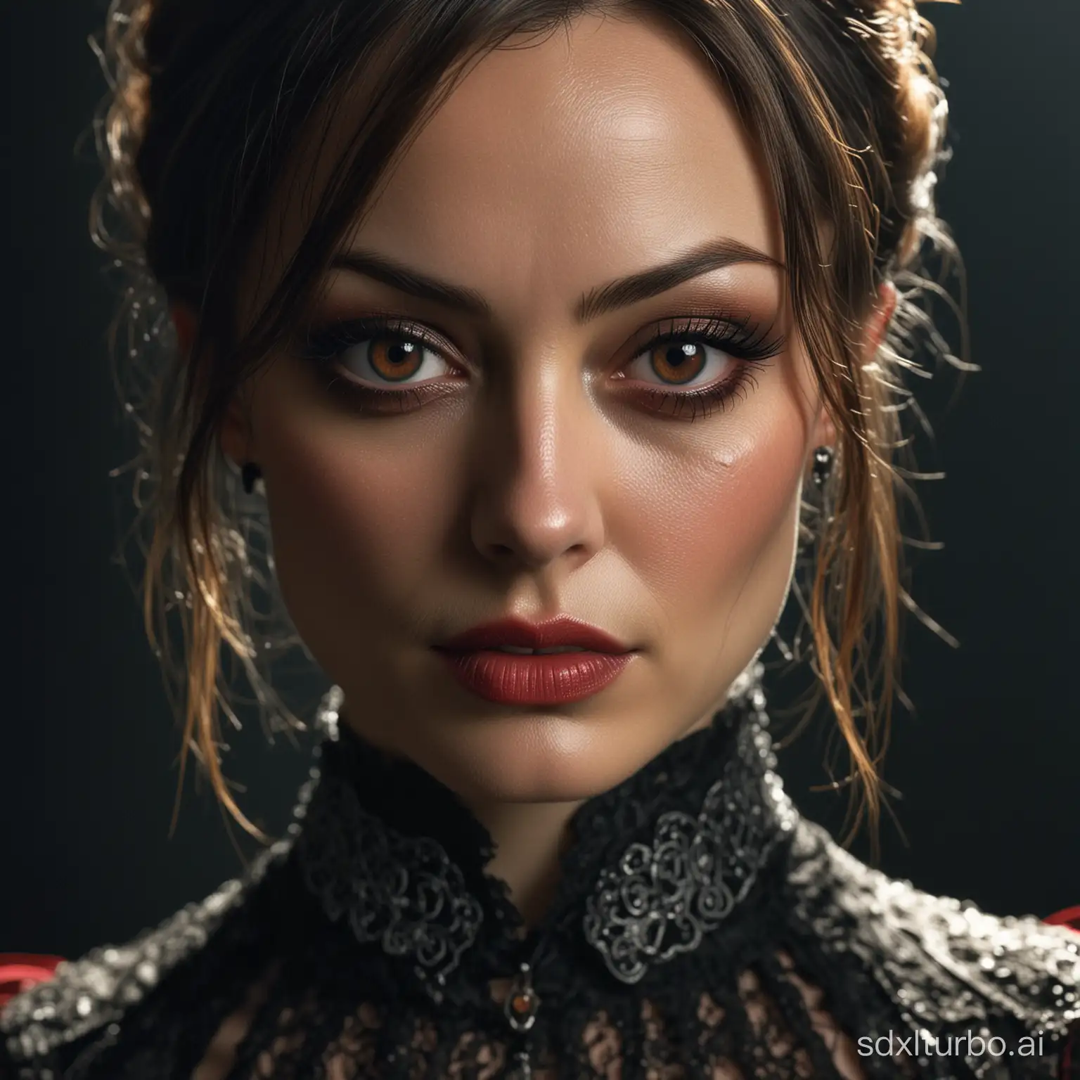 Vampire, deep shadow, Olivia Wilde, darkness, award-winning photo, extremely detailed, amazing, fine detail, highly detailed woman, extremely detailed eyes and face, piercing red eyes, detailed clothes, skinny, gothic, skirt, d850 film stock photograph portra 400 camera f1.6 lens hyper-realistic lifelike