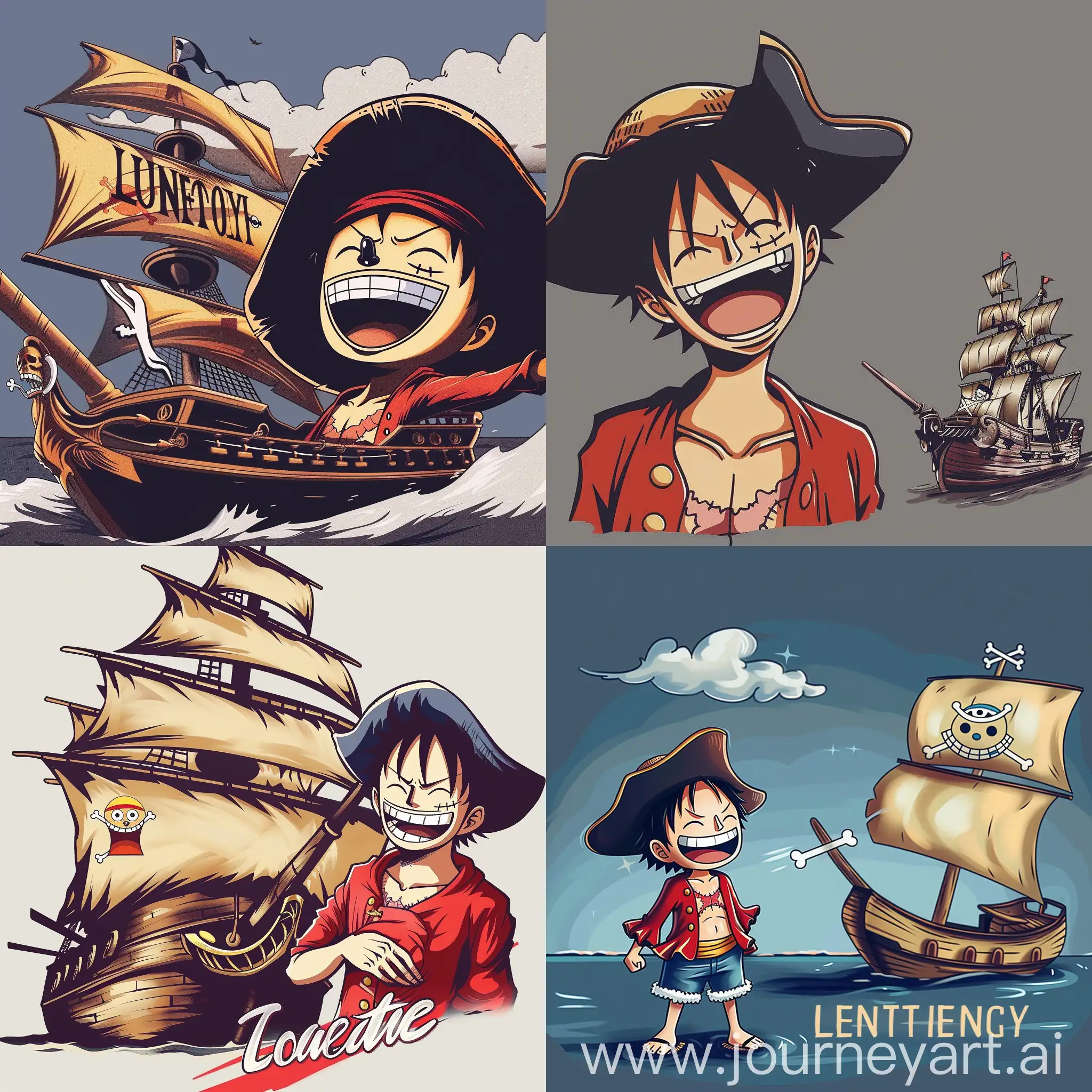 i want a pirate ship and luffy laughing at that ship using haki   for logo with name as luffy legacy