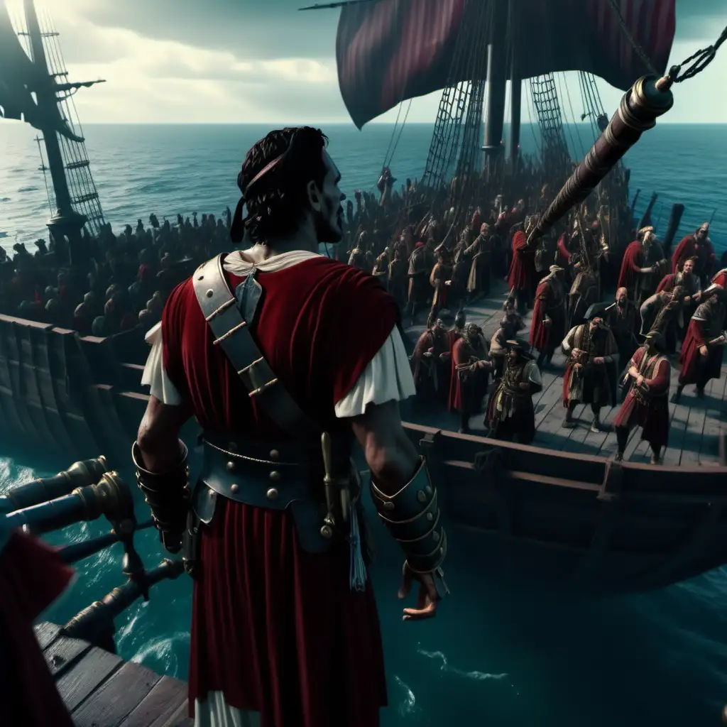 Julius Caesar Confronts Pirates in Hyperrealistic Cinematic 8K