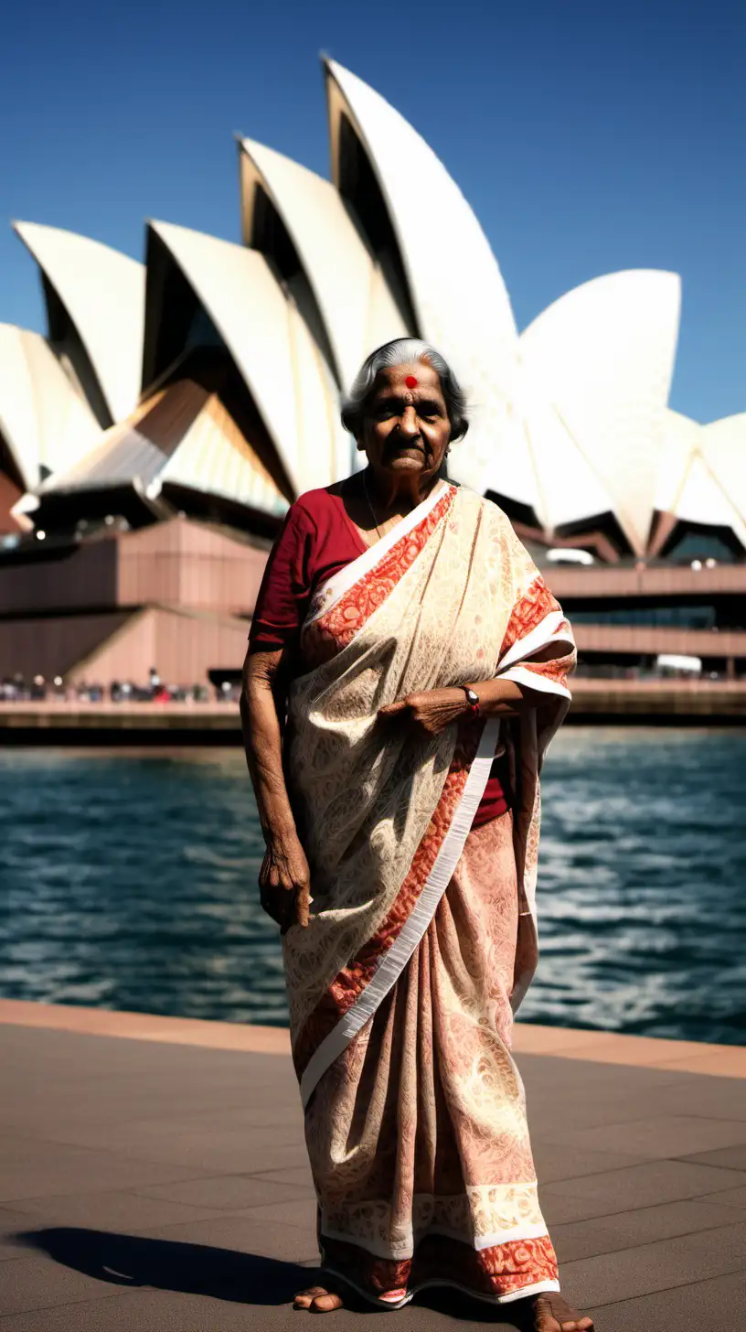generate an image of an indian grandmother in front of sydney opera house, show whole body, shot on slr camera

