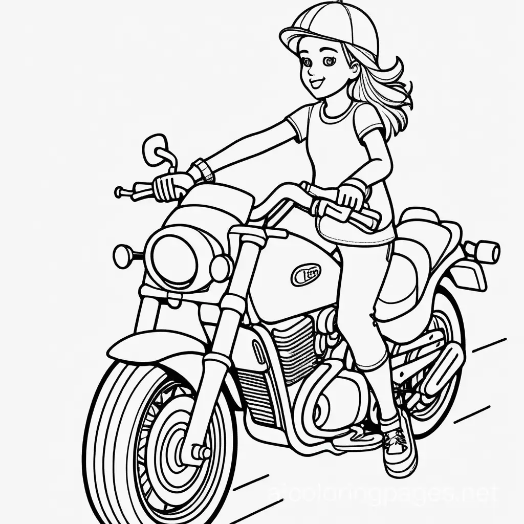 Girl on motorcycle, Coloring Page, black and white, line art, white background, Simplicity, Ample White Space. The background of the coloring page is plain white to make it easy for young children to color within the lines. The outlines of all the subjects are easy to distinguish, making it simple for kids to color without too much difficulty