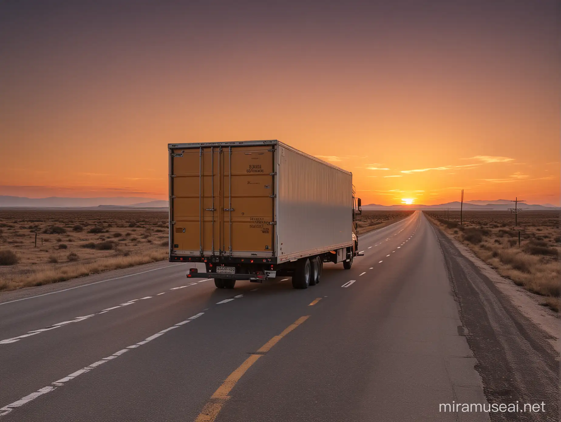 un trailer con caja viajando por una solitaria carretera durante el atardecer