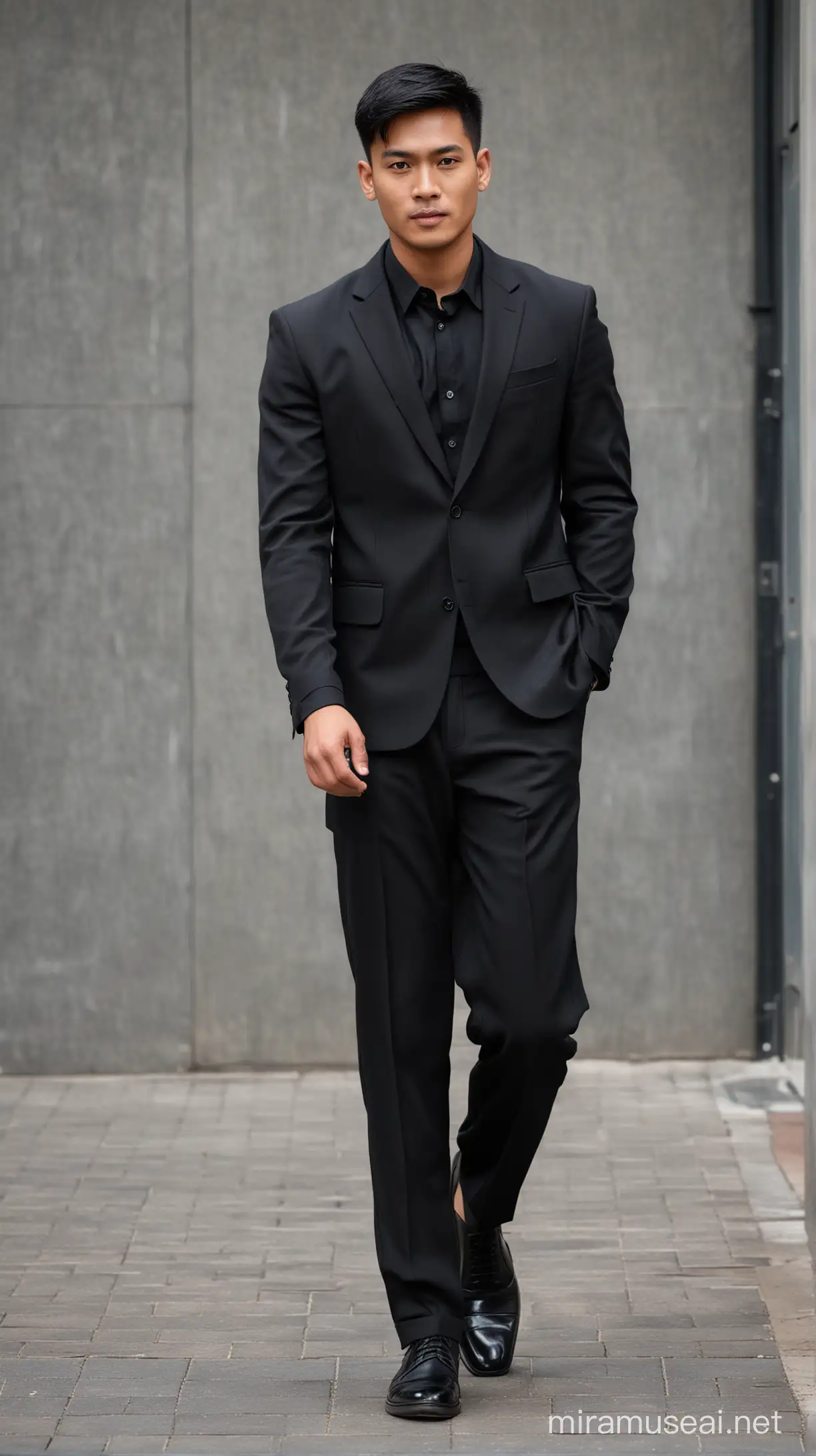 Serious Indonesian Man Walking in Black Suit