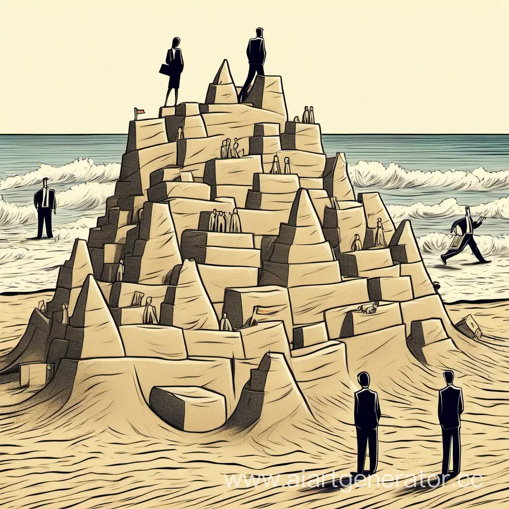Desperate office workers with blank stares try to hold on to a falling sandcastle