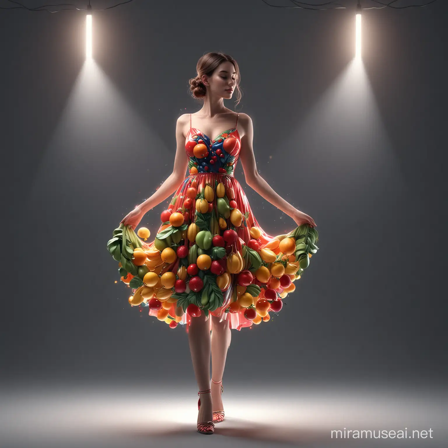 3D 8k minimal realstic illustrator minimal woman wearing fruits dress shinning and lighting like magical thing at the midnight