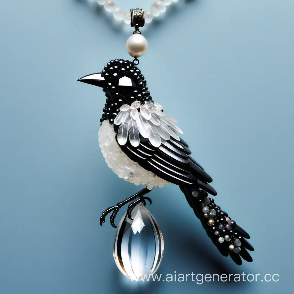 Please create a realistic image of a magpie made of rock crystal with a very small decoration on its head in the form of a crystal drop. The breast should be decorated with white crystals, and white rows of feathers should be visible on the wings. Place crystal and pearl beads around the picture, arranged in turn. The image itself should be inside the beads. This will be used as a logo.