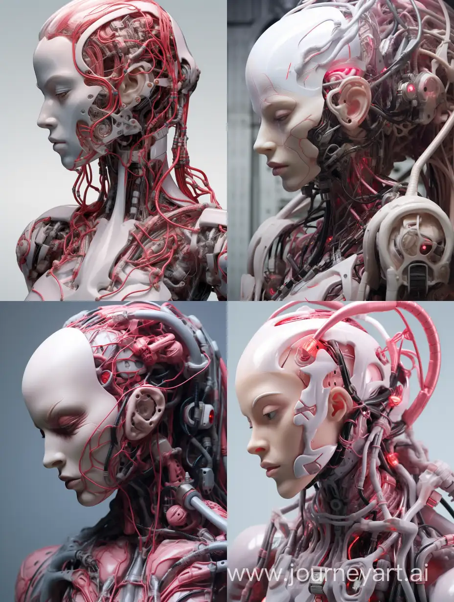 electronic system on head humanoid cyborg woman with a visible detailed pink brain, with a visible detailed red heart muscles, cable wires, biopunk, cybernetic, cyberpunk, white marble bust, canon m50 100mm, sharp focus, smooth hyperrealism, highly detailed intricate details carved by michelangelo, raw