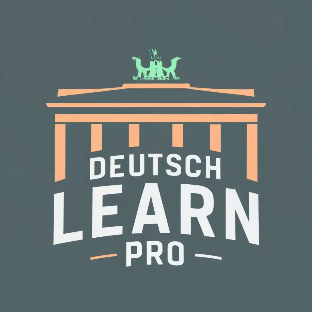 logo, Brandenburg Gate with a text 'DeutschLearn Pro', with the text "German Learn Pro", typography