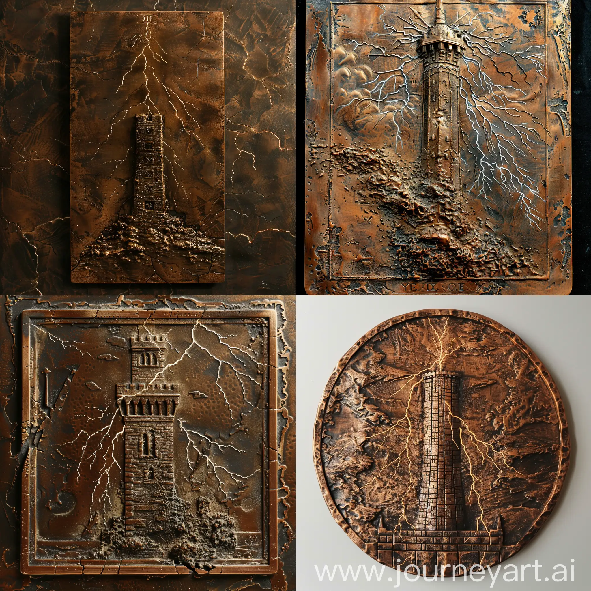 Bas-relief on a copper plate, award-winning, Lightning: Italian Tarot (The Tower struck by lightning), Lightning strikes the tower, minimalistic, symbolism, conceptual, copper textured. YOW:0,0