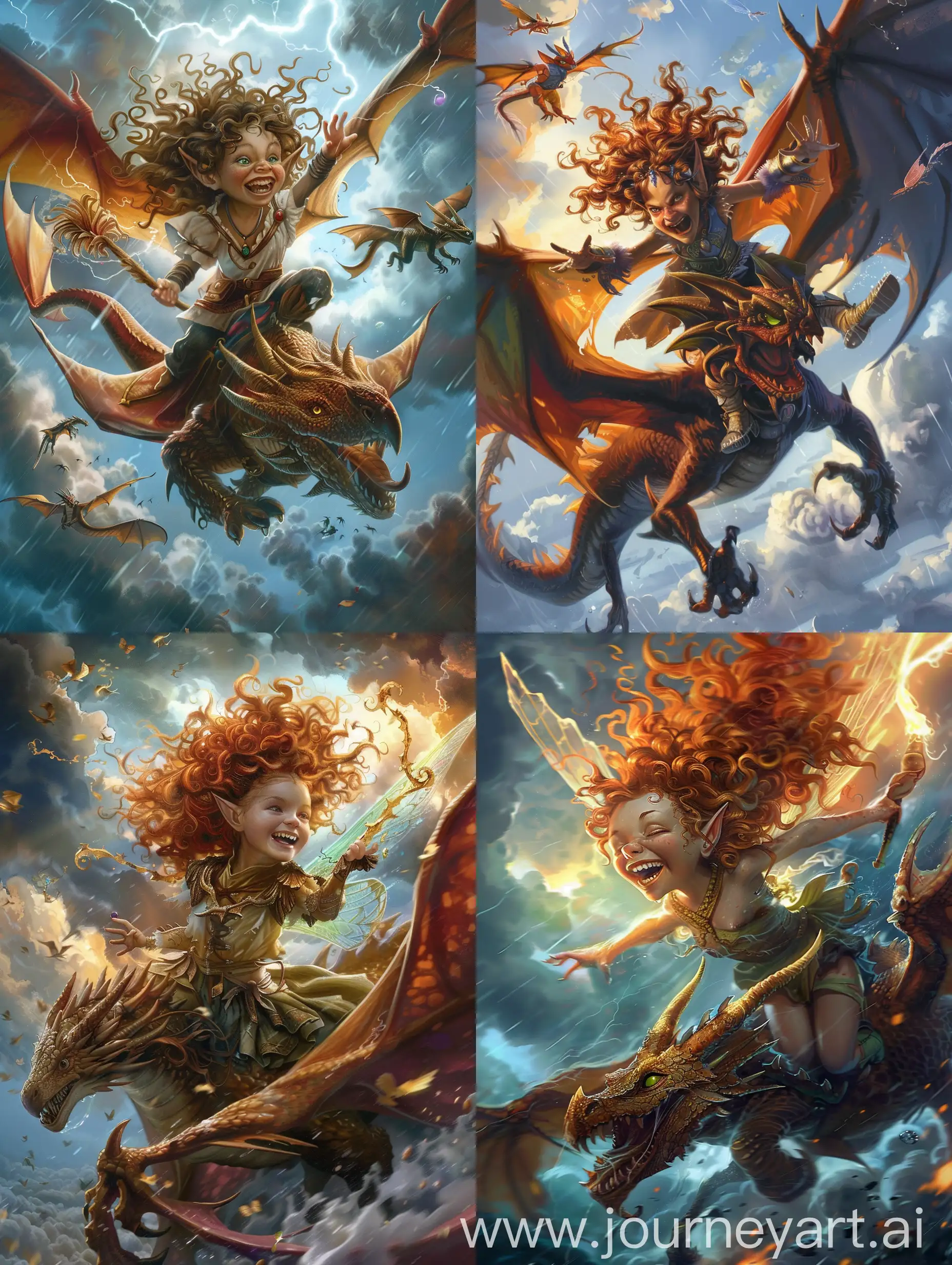 A mischievous fairy with wild, curly hair and a mischievous grin, riding on the back of a dragon through a stormy sky, casting spells and causing chaos.