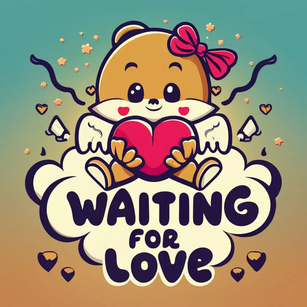 logo, A cute character sitting on a cloud with a bow in his hands, with the text "Waiting for love", typography, be used in Entertainment industry