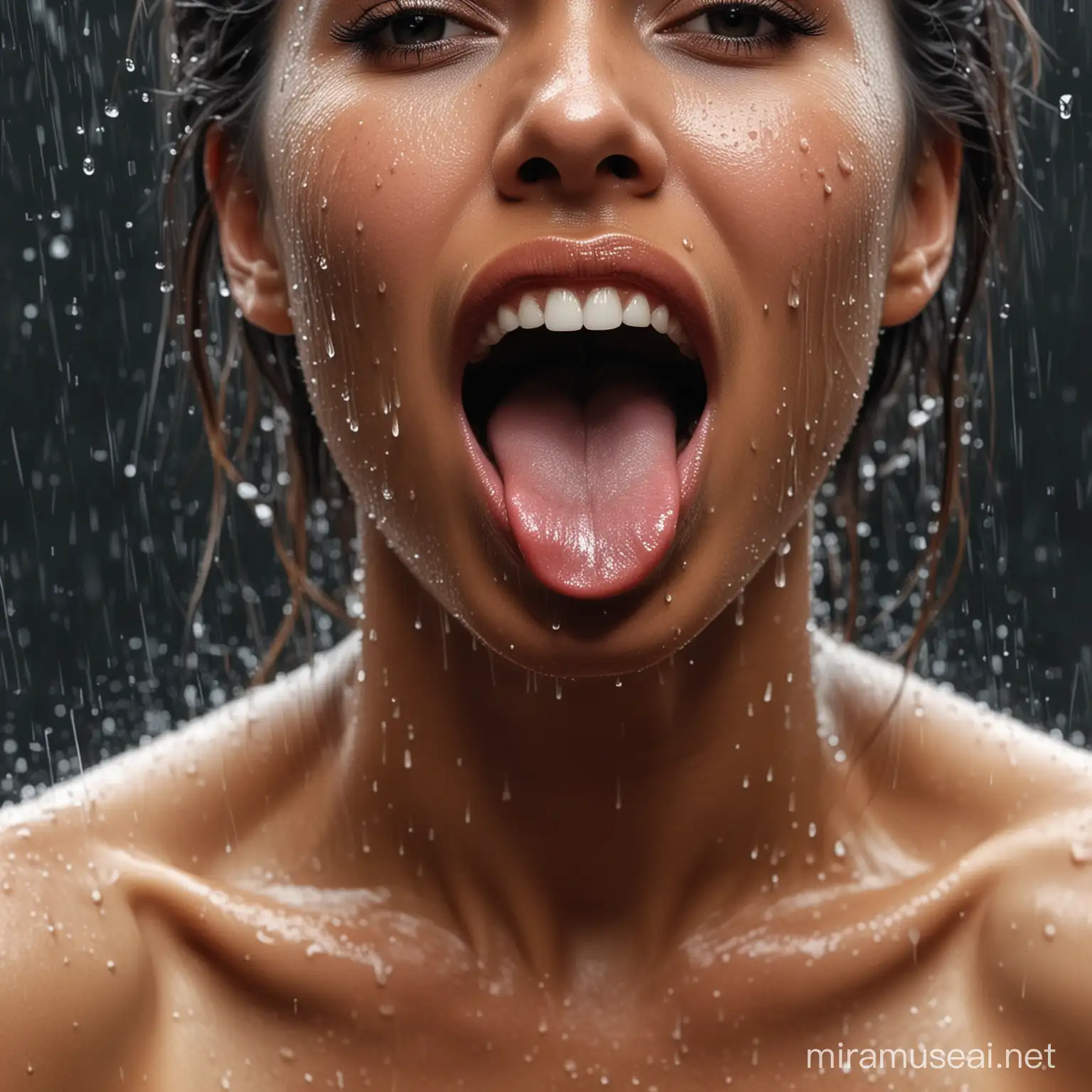with a human face With her Tongue out. It features an outdoor portrait of a girl with a woman's face, embodying the concept of "Woman Rain." The artwork is a blend of human and animal characteristics, creating a unique and creative visual.She is a nude art model.Black woman beautiful face is shown.  The woman's body parts such as chest, thigh, stomach, and abdomen are visible.painterly smooth, extremely sharp detail, finely tuned detail, 8 k, ultra sharp focus, illustration, illustration, art by Ayami Kojima Beautiful Thick Black