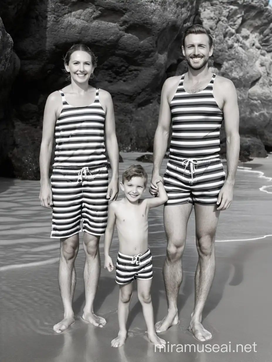 Confident Caucasian Family in Victorian Swimwear on Beach