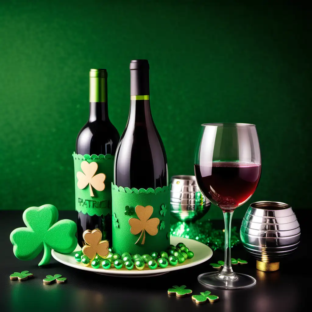 A festive setup featuring St. Patrick's Day-themed decorations and engraved wine accessories. Keywords: Festive, celebration, St. Patrick's Day. Camera: Smartphone. Lens: Wide-angle. Post Processing: Vibrant colors.
