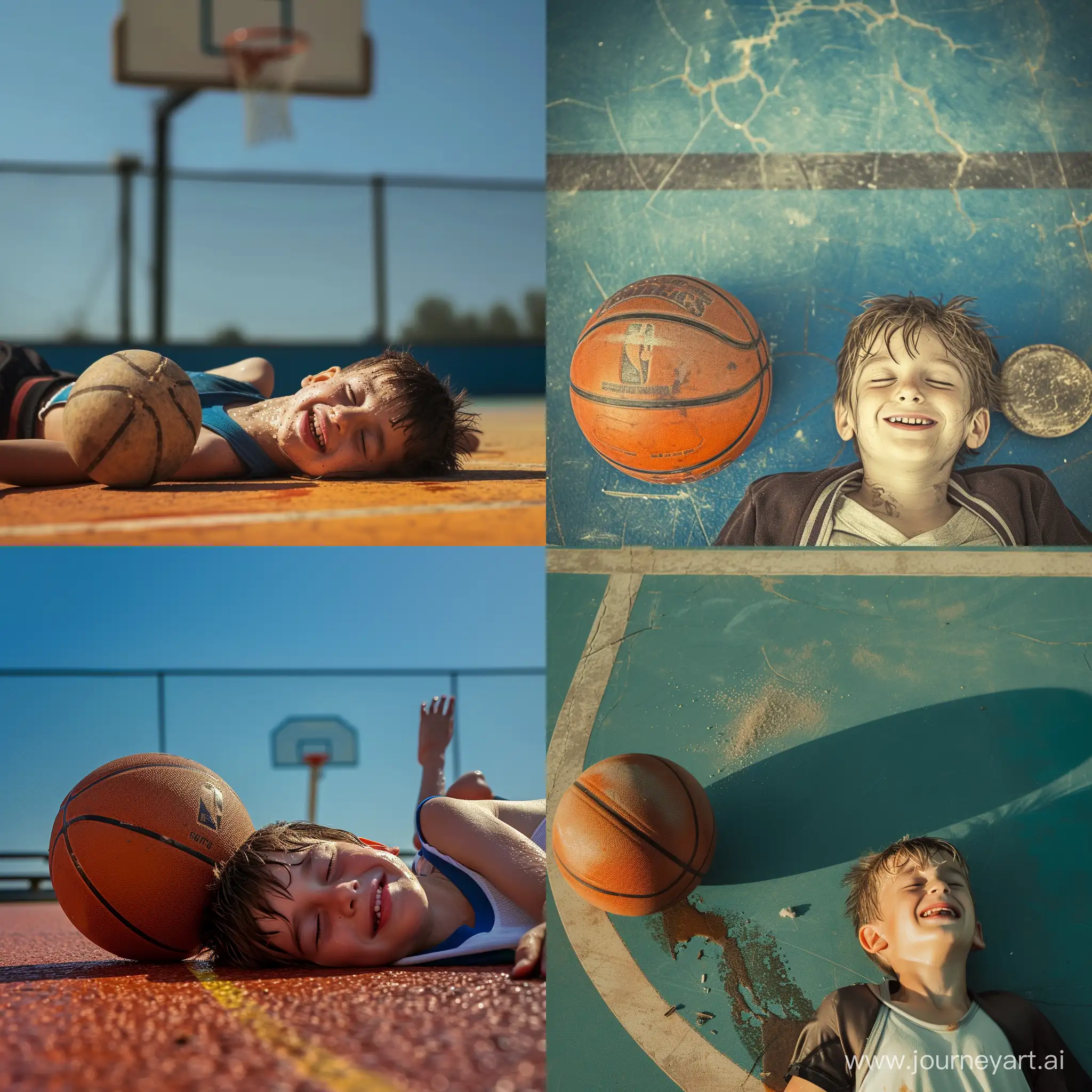 蔚蓝天空下，一个小男孩躺在篮球场上，俯视视角，满头大汗，微笑，旁边放着一个破旧的篮球