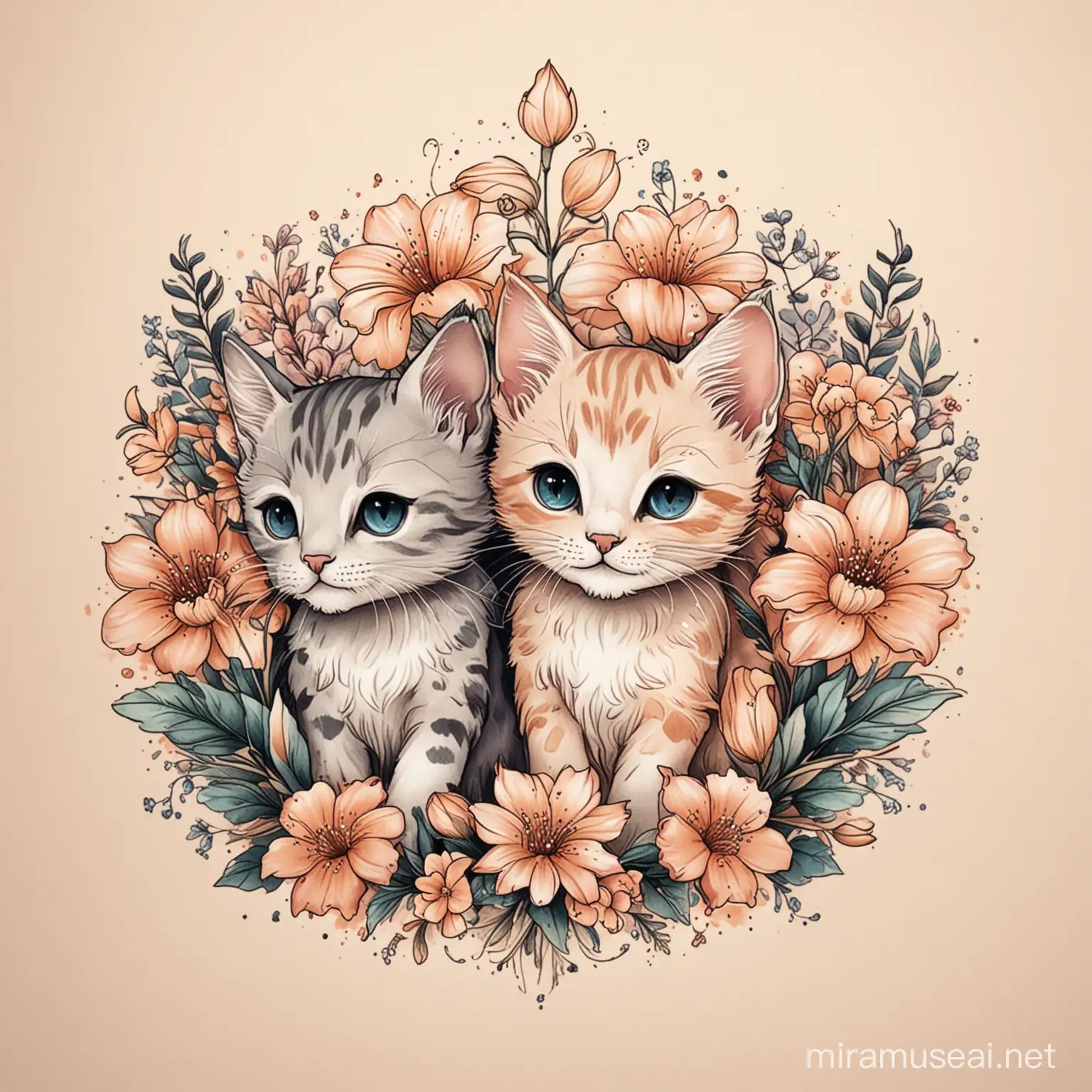 Para un diseño de tatuaje Crea una ilustración simple de dos gatitos jugando con flores y añade colores suaves.