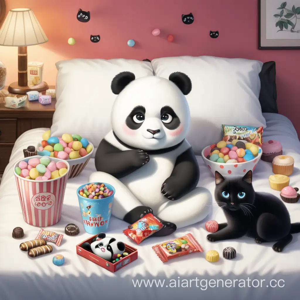 1 белая панда лежит на кровати с 1 черной кошкой и смотрит фильм. Вокруг них много сладостей. 