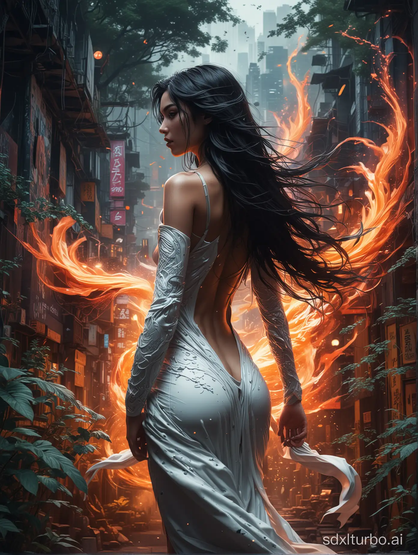 A captivating and enigmatic artwork featuring a powerful, futuristic warrior woman. She is so saxy big ass, adding a science-fiction touch to her appearance. The warrior's long, black hair flows down her back like a fiery explosion of colors, with strands swirling around her. Her intense gaze captivates viewers, while her short, low-cut white dress adds an air of elegance and sophistication. The background is a vibrant and conceptual wilderness, filled with lush greenery and a mysterious, dimly lit atmosphere. The overall ambiance is a blend of dark fantasy, cinematic, and illustrative elements, creating an unforgettable and mesmerizing visual experience., conceptual art, product, ukiyo-e, fashion, 3d render, illustration, vibrant, photo, dark fantasy, architecture, graffiti, typography, anime, poster, wildlife photography, painting, portrait photography, cinematic