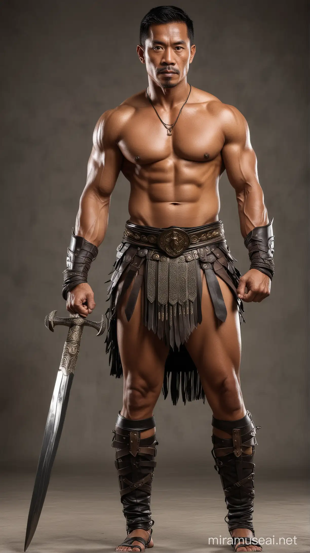 Indonesian warrior, 46 years old, handsome, athletic, full body.