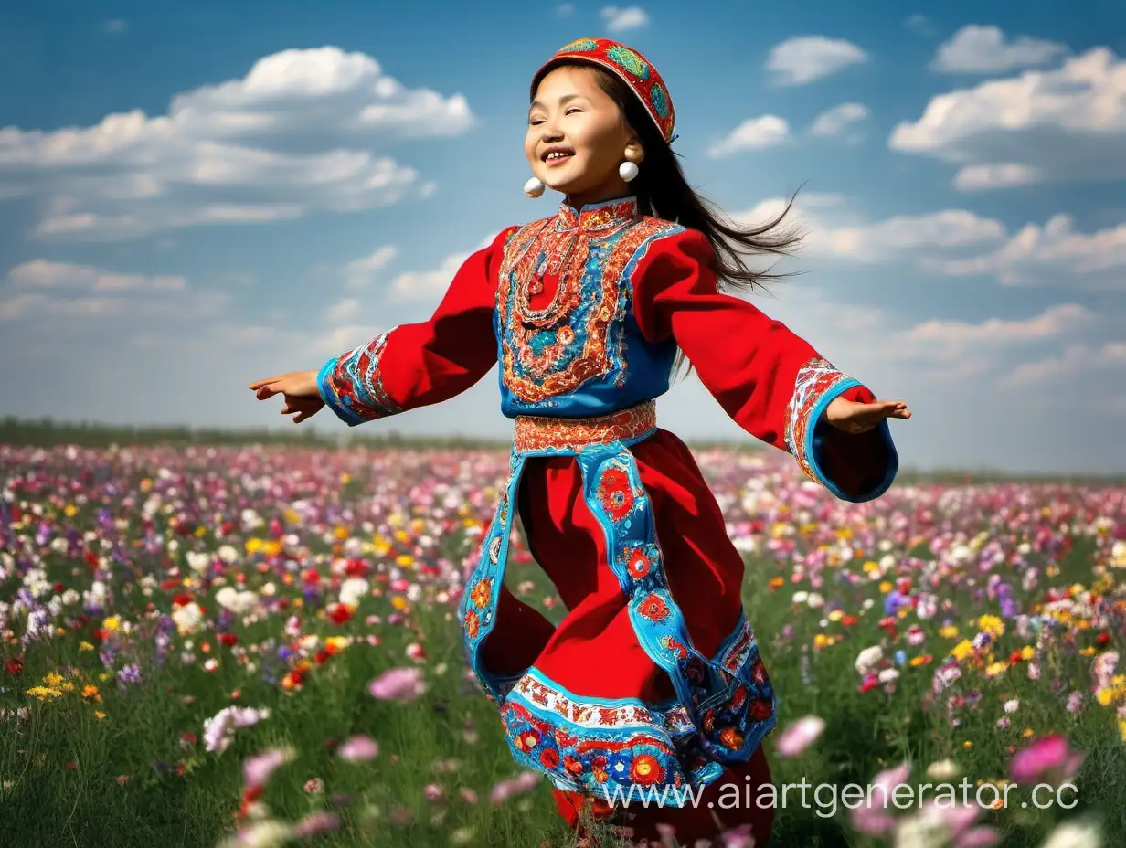 Kazakh-Girl-Dancing-in-National-Costume-Amidst-Blossoming-Fields