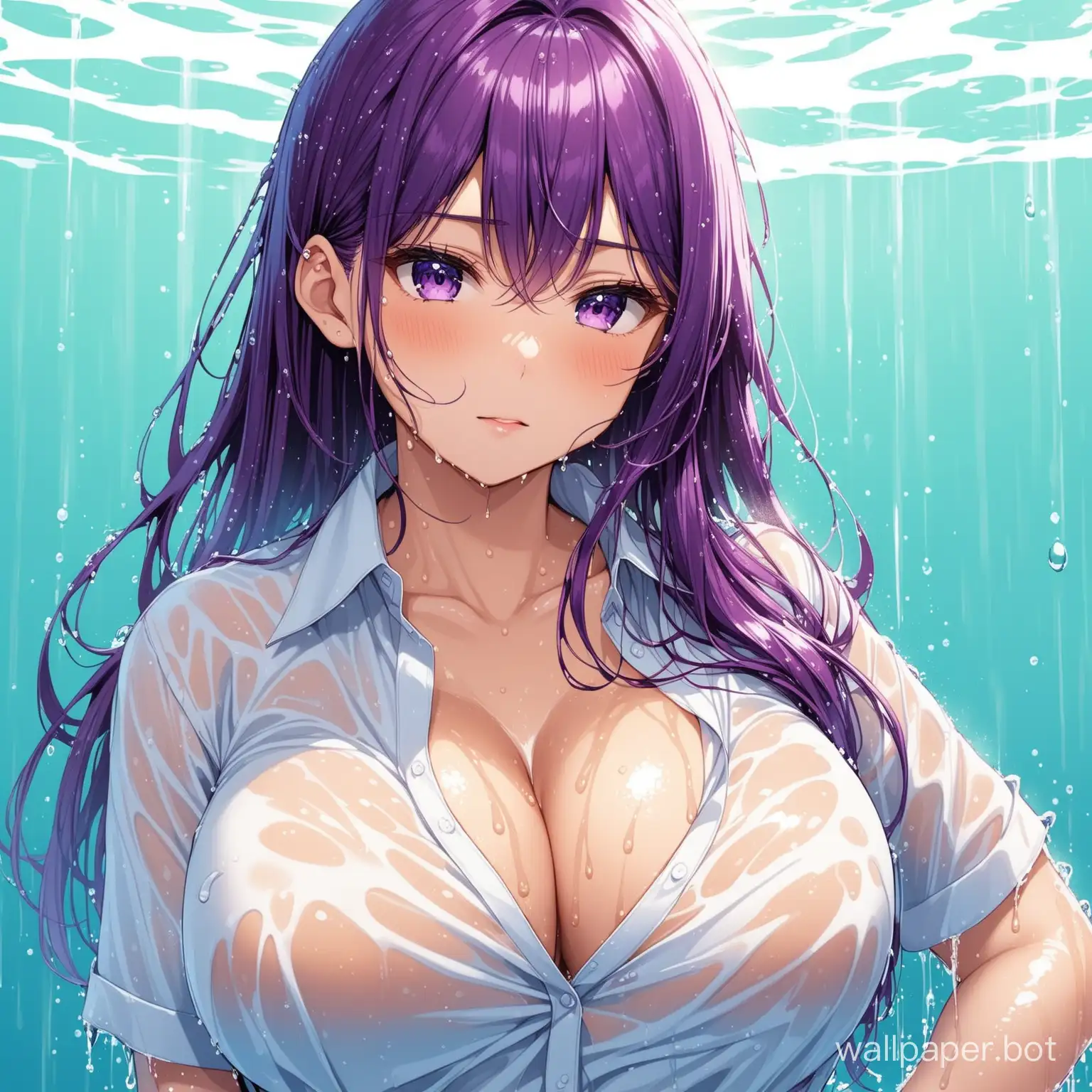 Girl, in a shirt, big chest, wet, purple hair color