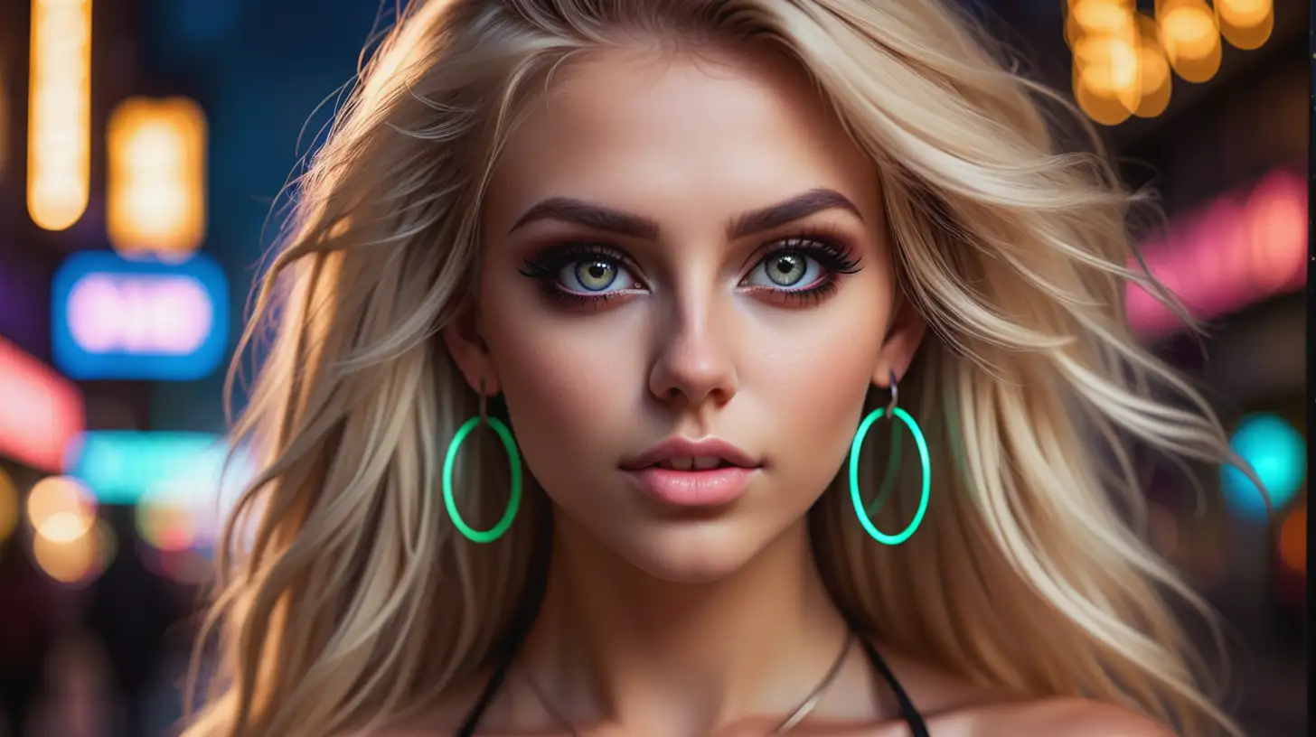 Beautiful Woman, very attractive face, highly detailed eyes, big breasts, dark eye shadow, beautiful long blonde hair, wearing alternative top, with hoop earrings, close up of face, bokeh background, soft light on face, rim lighting, shoulders square to camera, walking in a city at night, neon sign lights all around, photorealistic, very high detail, extra wide photo, full body photo, super close up, head shot