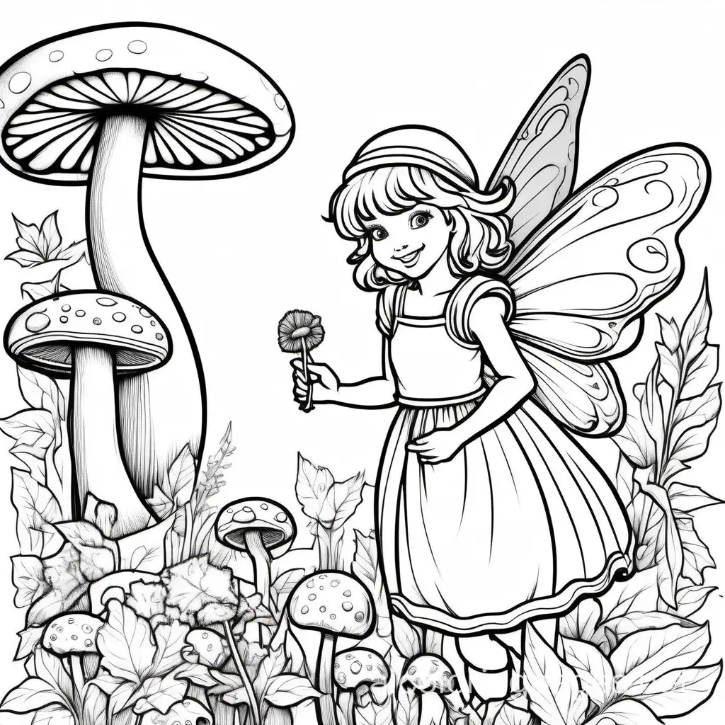 Thick black line white background only, no grey, for a coloring book, A pretty smiling fully dressed, and elegantly dressed in a nice outfit fairy with wing at her back. The fairy is picking up flowers under a giant mushroom, Full view. , Coloring Page, black and white, line art, white background, Simplicity, Ample White Space. The background of the coloring page is plain white to make it easy for young children to color within the lines. The outlines of all the subjects are easy to distinguish, making it simple for kids to color without too much difficulty
