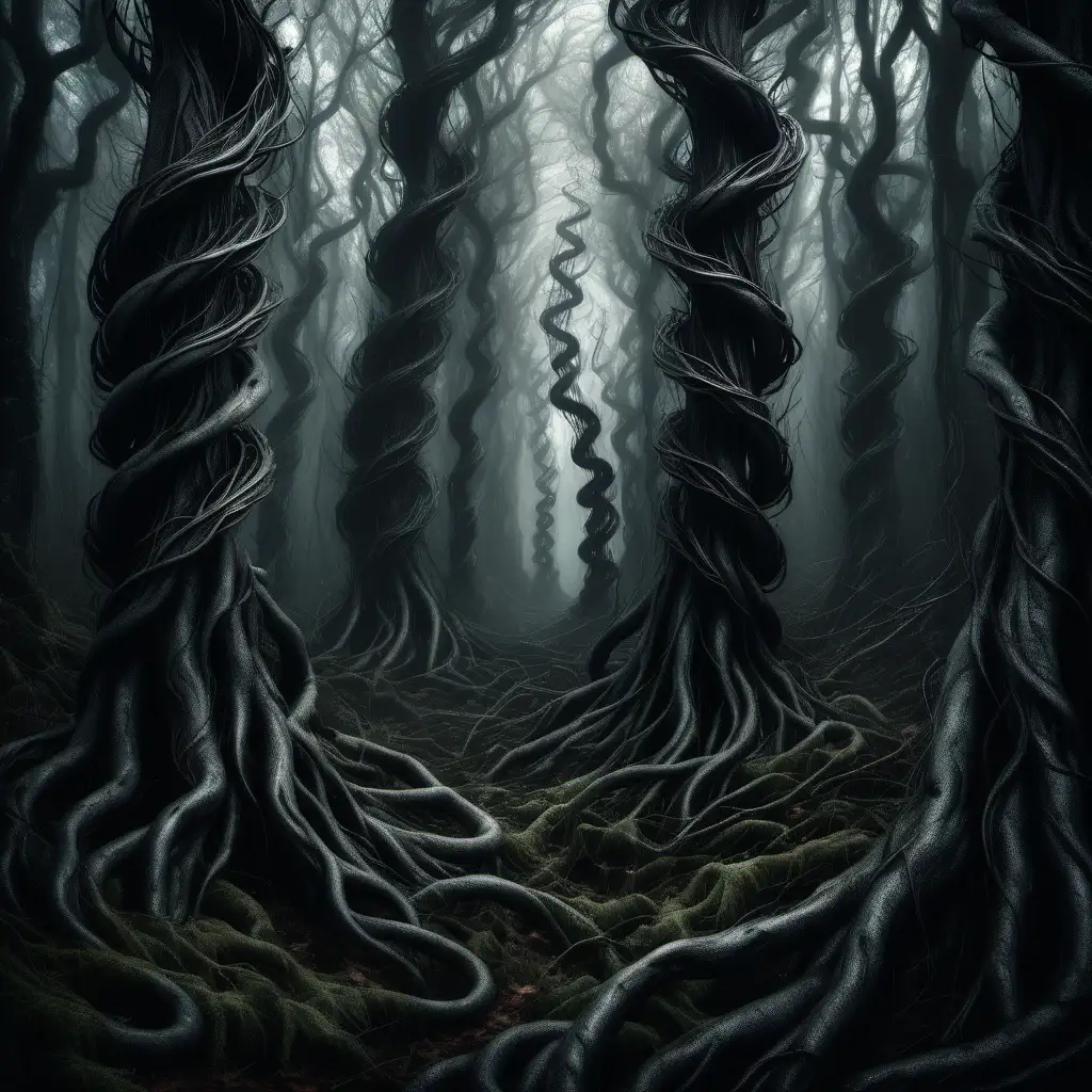 En mörk skog, träden är krokiga och slingrar sig, ögon överallt som stirrar, skogen lever och andas, öron som växer på träden, verklighetstrogen 

