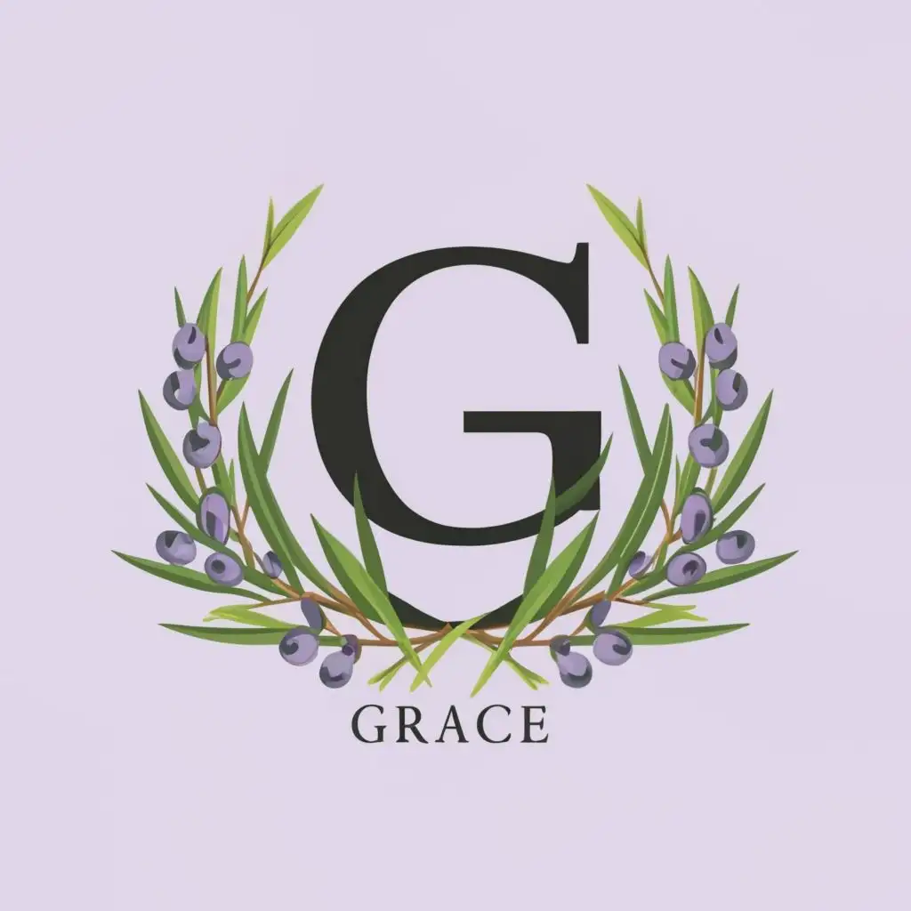 logo, Black Letter G , black olive branches , lavender flowers with lavender colored blossoms and the word grace below the G, with the text "Grace", typography