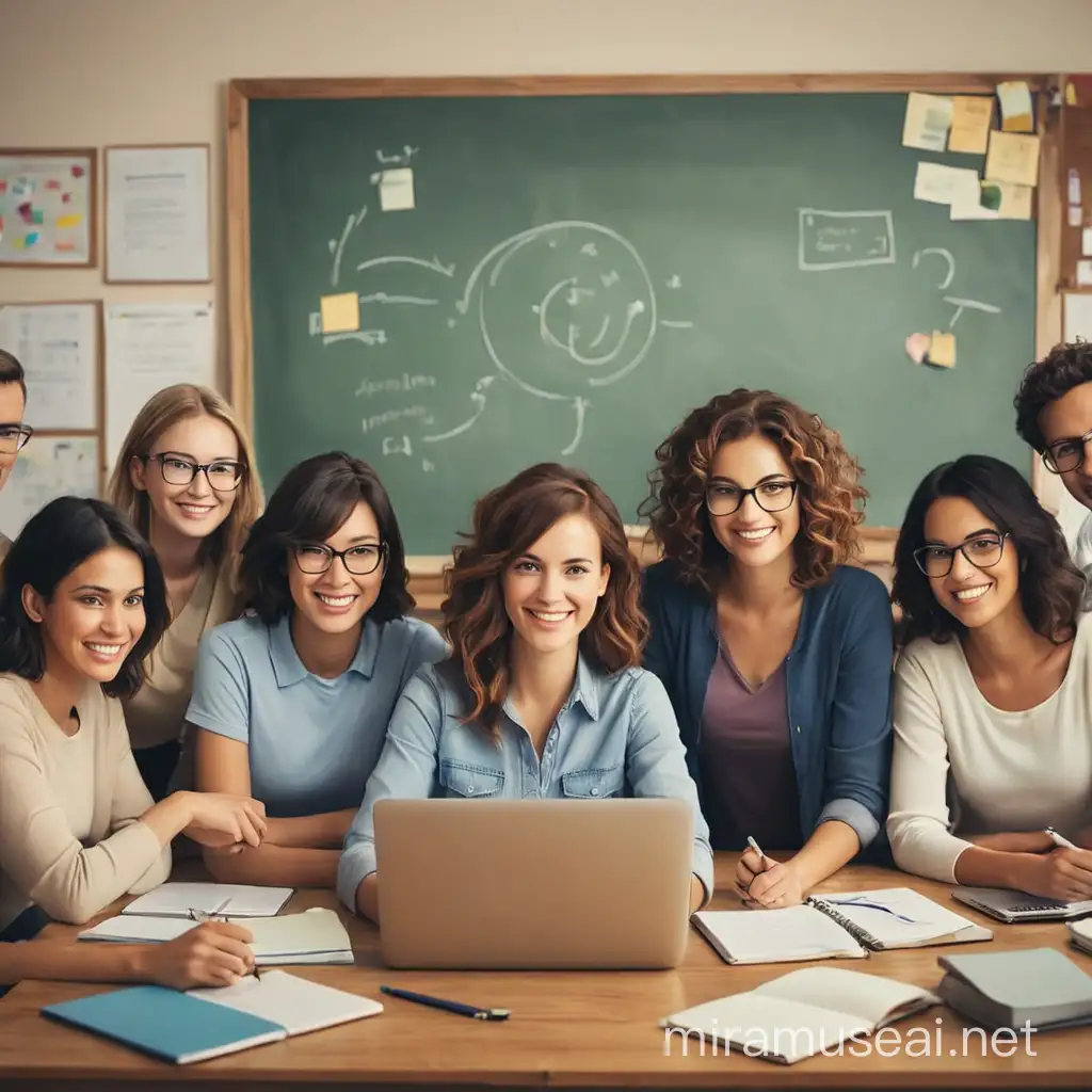 crea una imagen de un equipo de profesores en linea trabajando para lograr las metas establecidas.