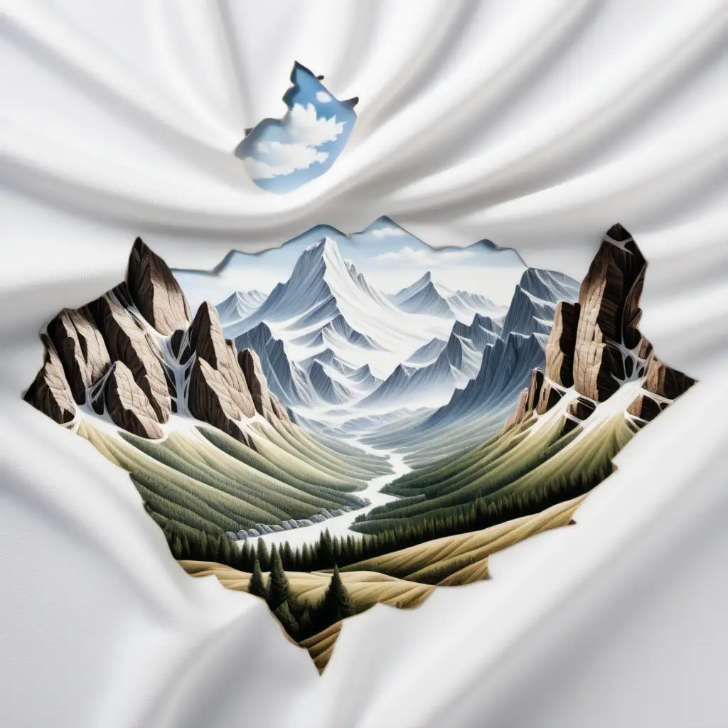 Four holes with torn edges in a pure white fabric made by four blades cutting diagonaly through the fabric and through those holes you can see in the background photorealistic mountain scene. 