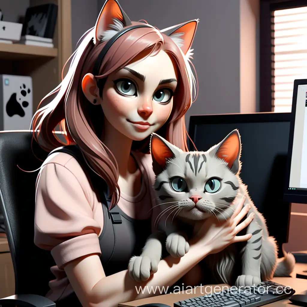 стримерша  с котом на руках возле компьютера