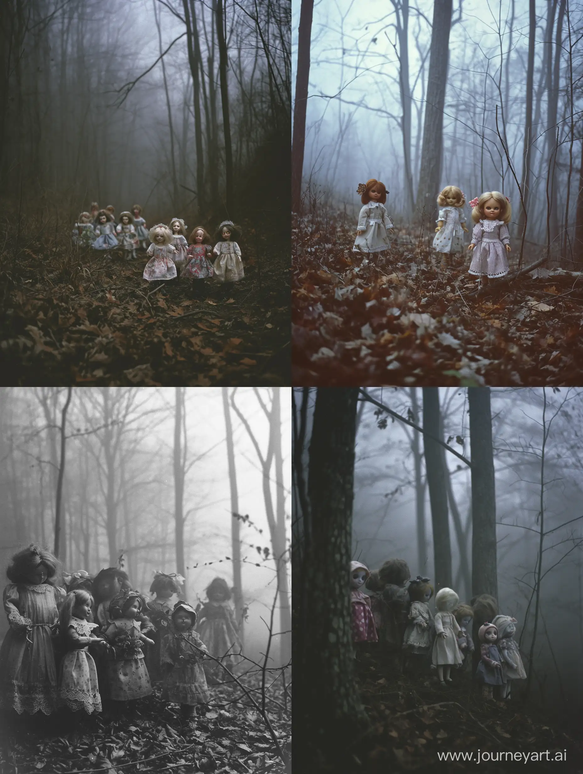 vwey unsettling photo of the land of the lost dolls, foggy woods, folk horror, dark aesthetic, dark folk, pagan horror, photo taken with provia
