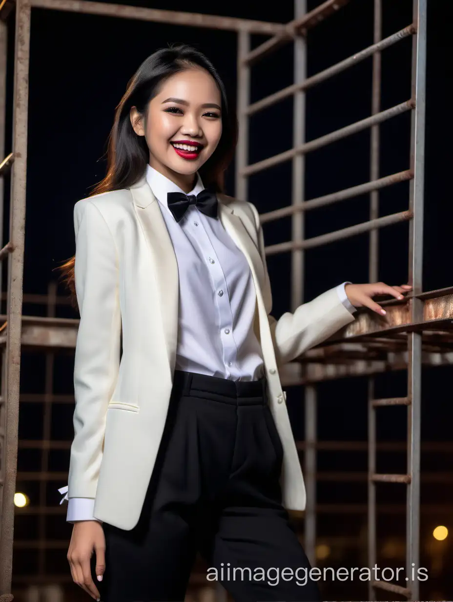 A stunning and cute and sophisticated and confident Indonesian woman with shoulder length hair and lipstick wearing an ivory tuxedo with a white shirt with cufflinks and a (black bow tie) and (black pants), standing on a scaffold facing forward, laughing and smiling.  She is relaxed. It is night.
