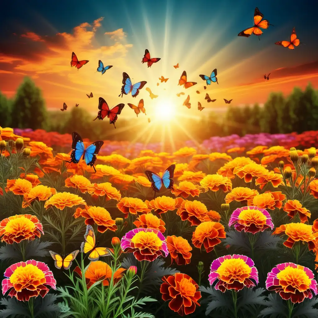 Multicolor Marigold Flowers Landscape with Flying Butterflies