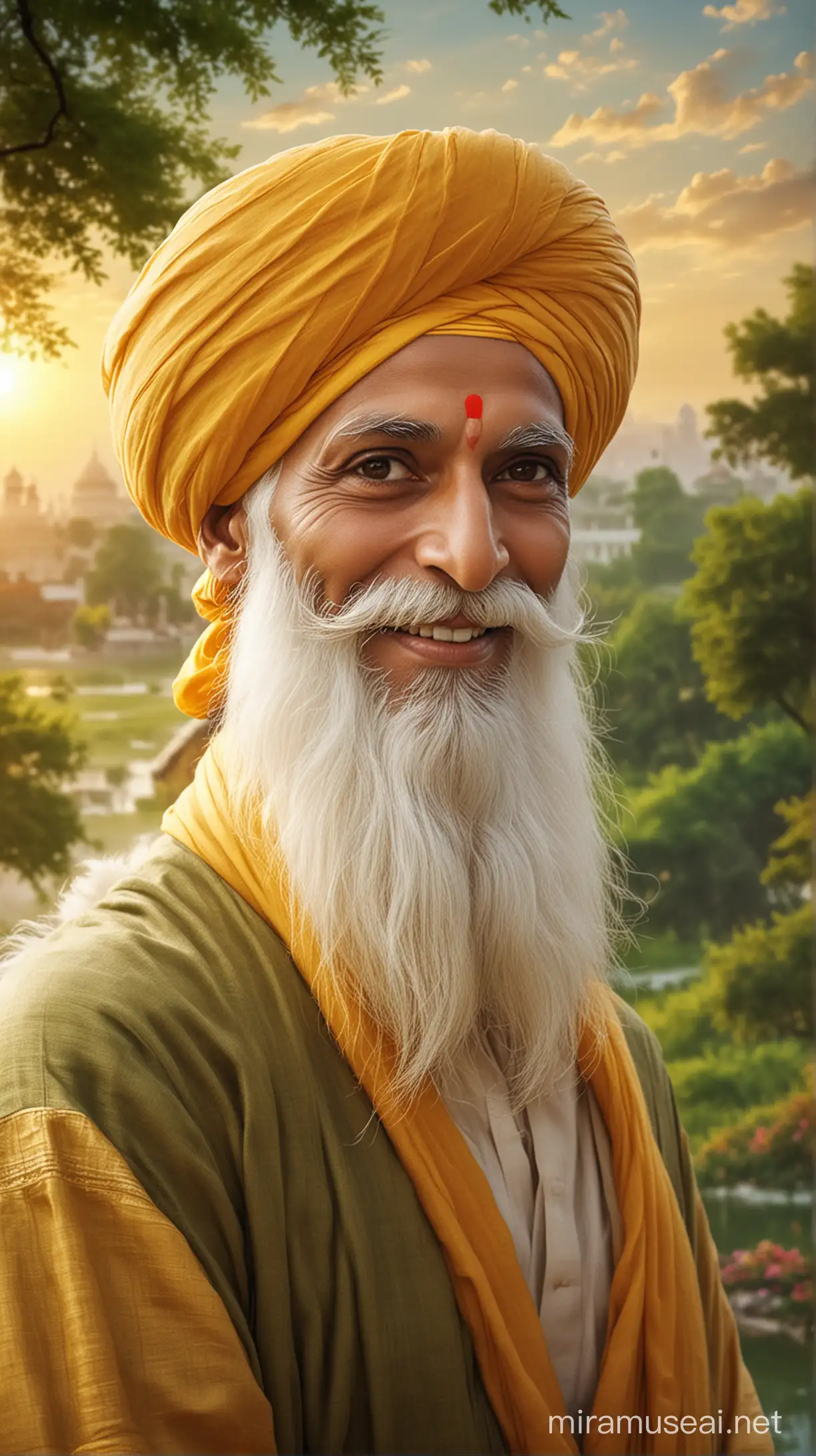 Guru Nanak Dev Ji's face reflects compassion and wisdom, with a serene smile, a flowing beard, and a simple turban. Set against the lush green landscape of Punjab, his teachings of oneness with nature and enlightenment are symbolized by the dawn sky and the presence of the Golden Temple, Harmandir Sahib, representing his legacy of equality and spiritual sanctuary.