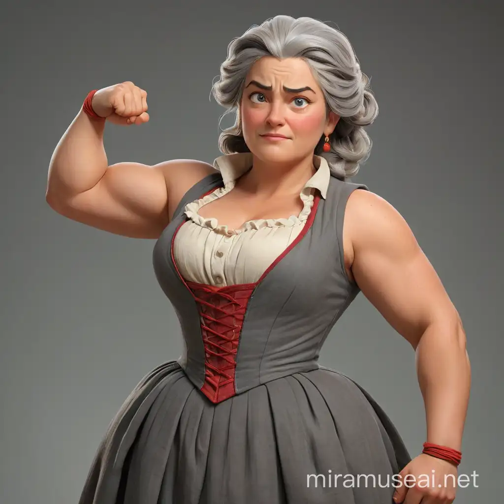 Emilie du Châtelet, a perky plump woman with gray hair, a masculine build, in an 18th century dress, shows her muscles on her arms. Her face is red, the skin on her hands and face is rough. WE see her in full growth, with arms and legs. In the style of 3D animation realism.