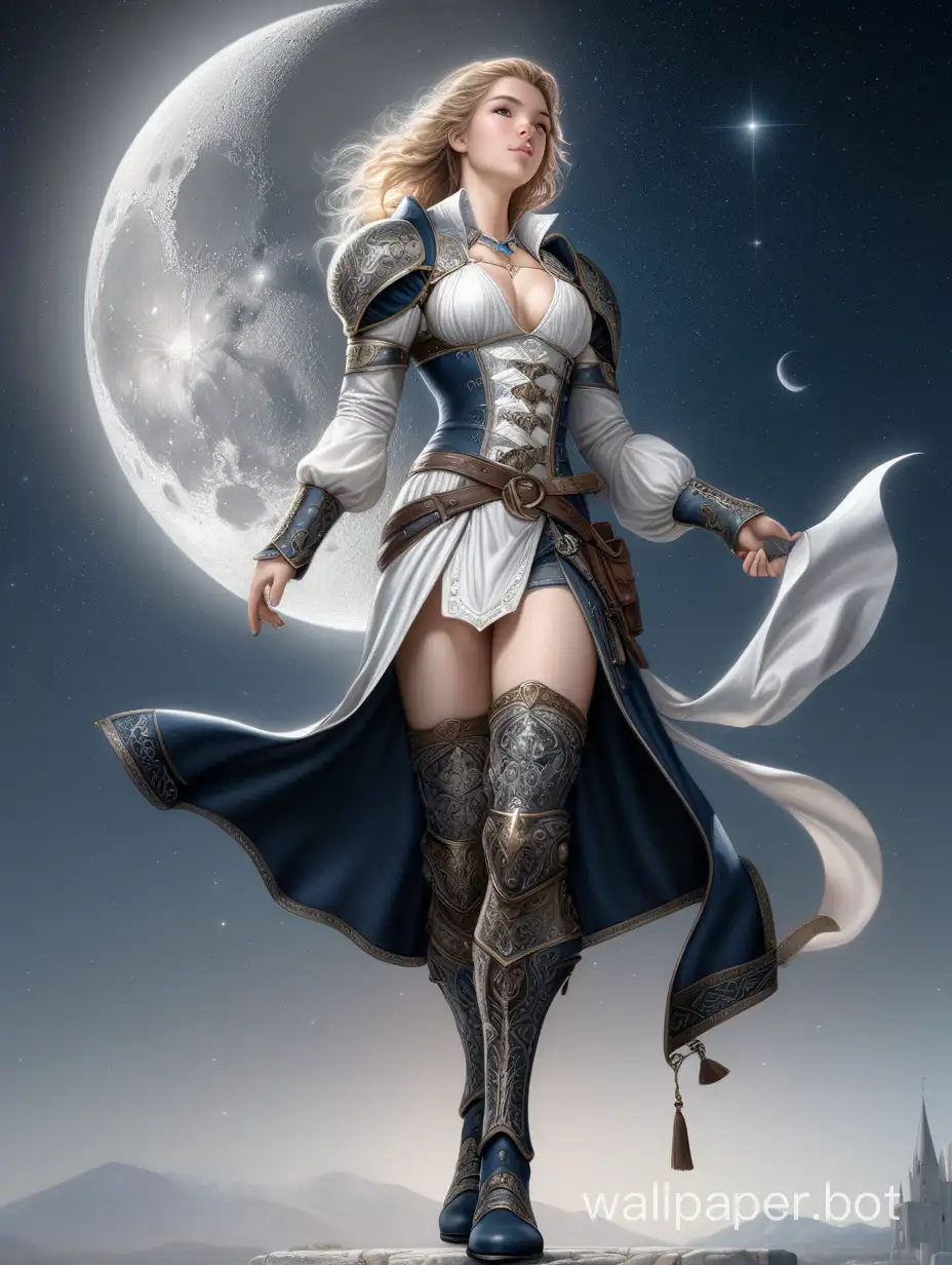 The light like stars in the night sky. the moon is in the background. intricate, elegant, highly detailed, digital painting, artstation, concept art, sharp focus, illustration, by Justin Gerard and Artgerm, 8K. Medieval revealing clothing. Leather boots. White background. Pencil drawing. Full length