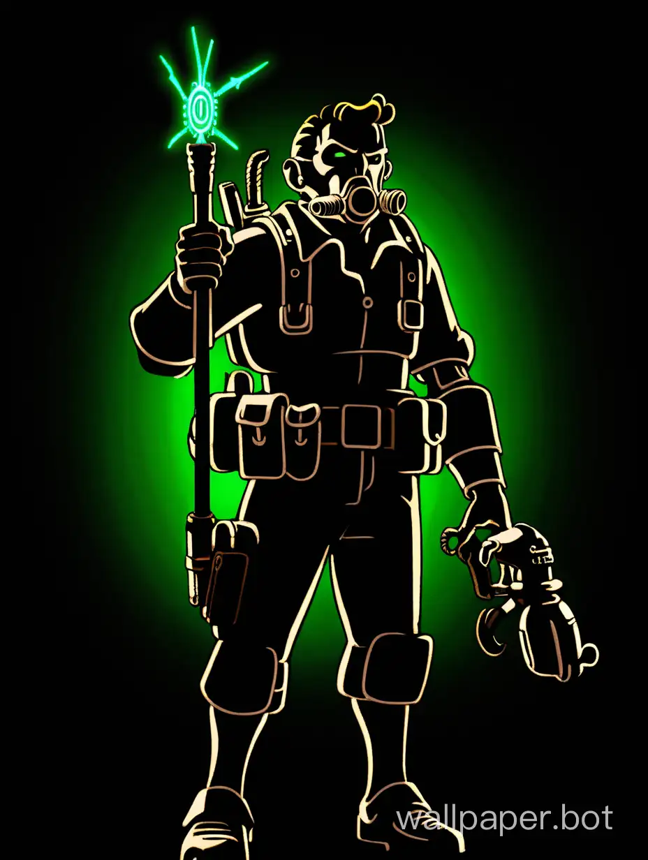 pipboy from Fallout Strange stands in the shadows on a black background. The right hand is visible from the shadows, holding a staff. The combat staff is illuminated by light.