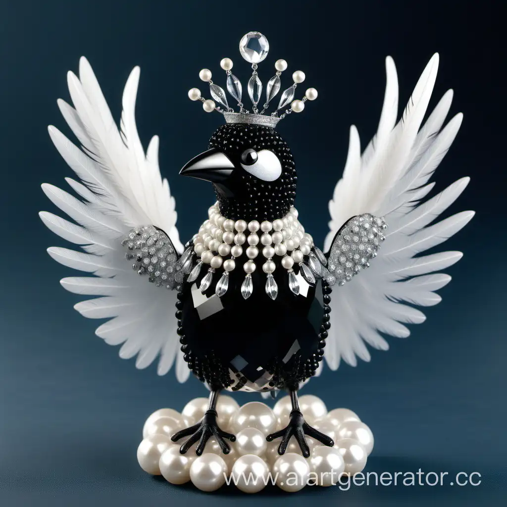 Please create a realistic image of a crystal magpie with a small headpiece in the form of a tiny tiara. The magpie should have deep black feathers with white ones on the chest. The chest should be adorned with white crystals, and the wings should have visible white rows of feathers. Surround the image with alternating crystal and pearl beads. The main image should be positioned within the beads. This will be used as a logo.
