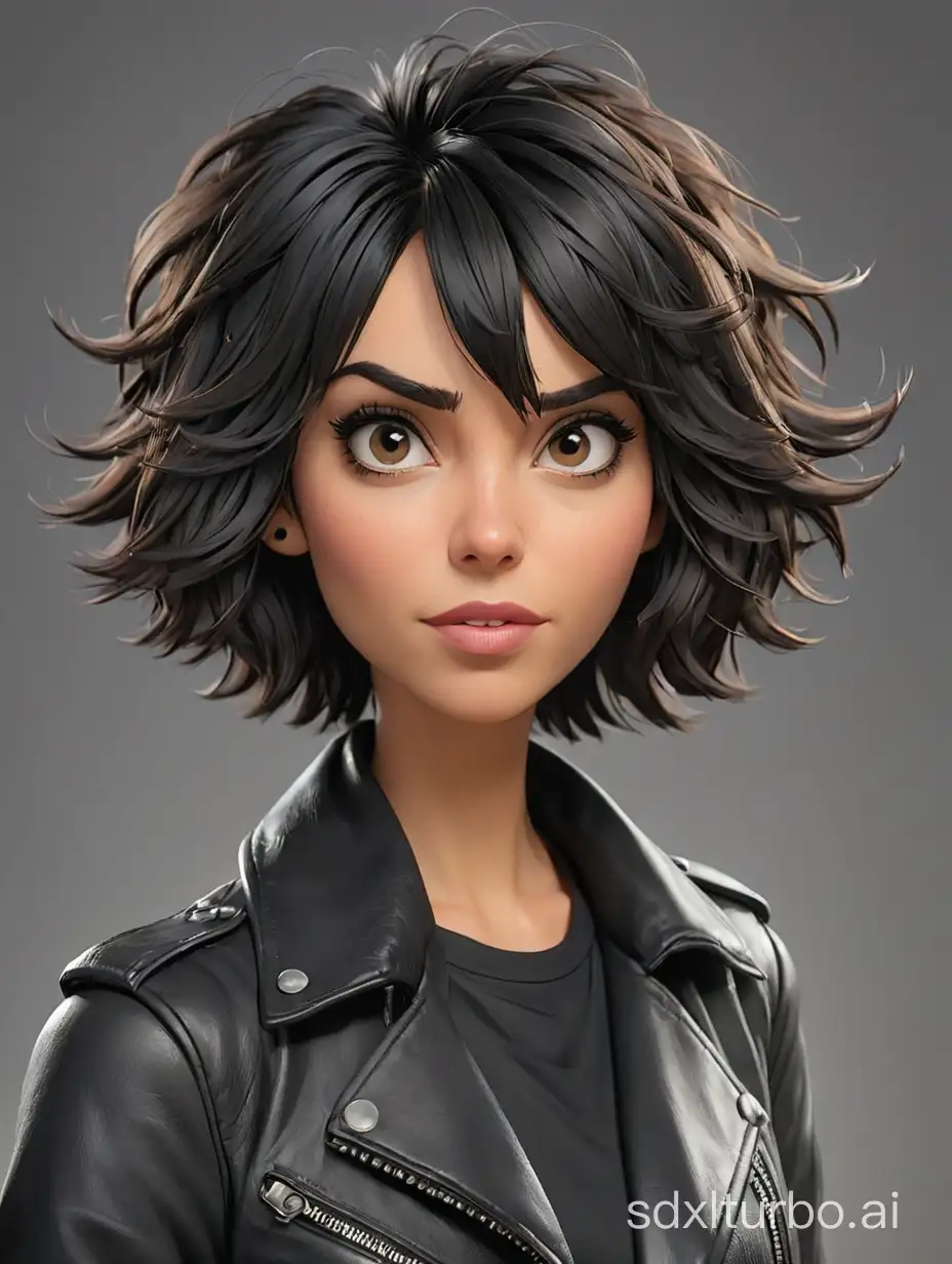 Caricature of a woman with black choppy bob hair, wearing a black leather jacket, gray background