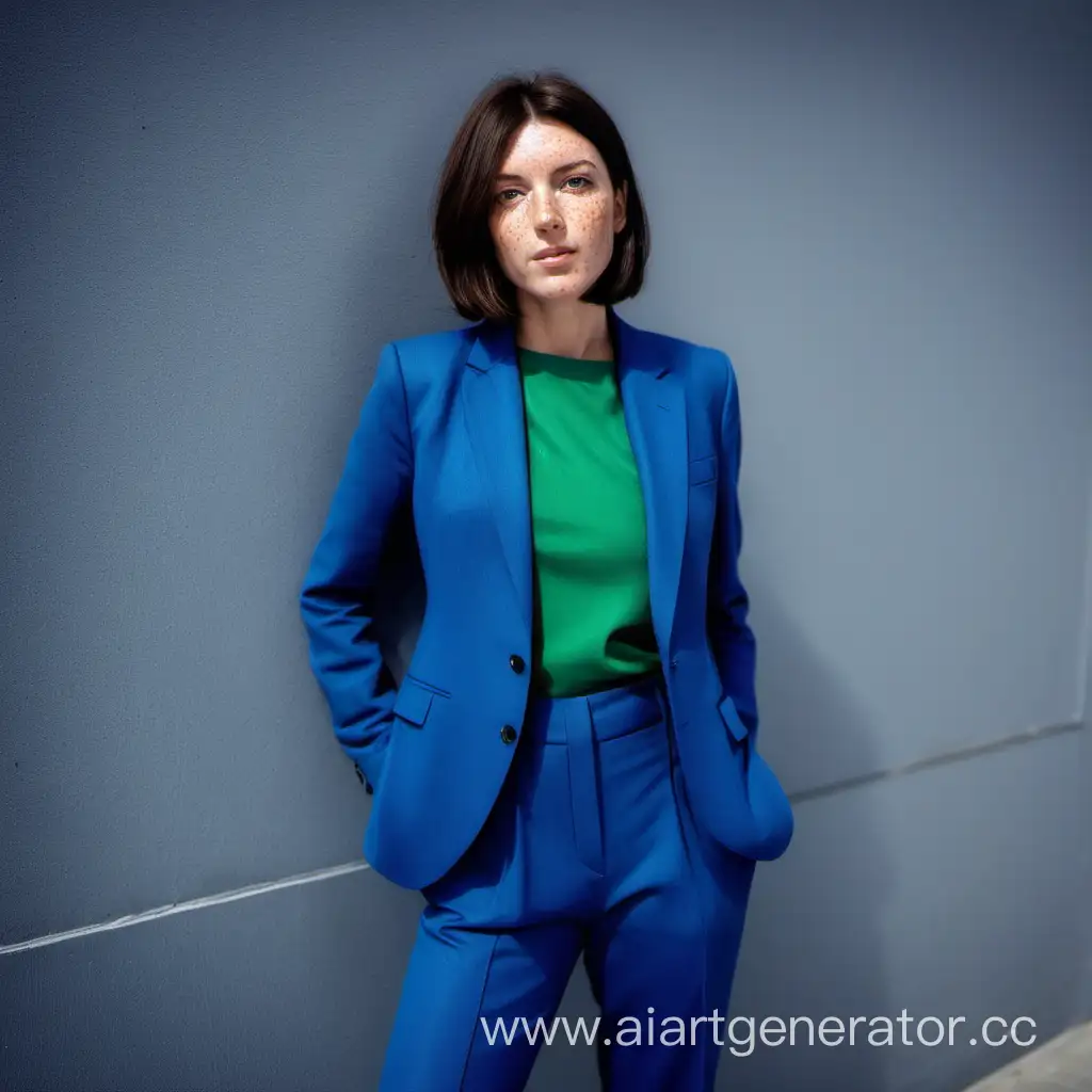Stylish-Woman-with-Bob-Hairstyle-and-Freckles-in-Blue-Trouser-Suit