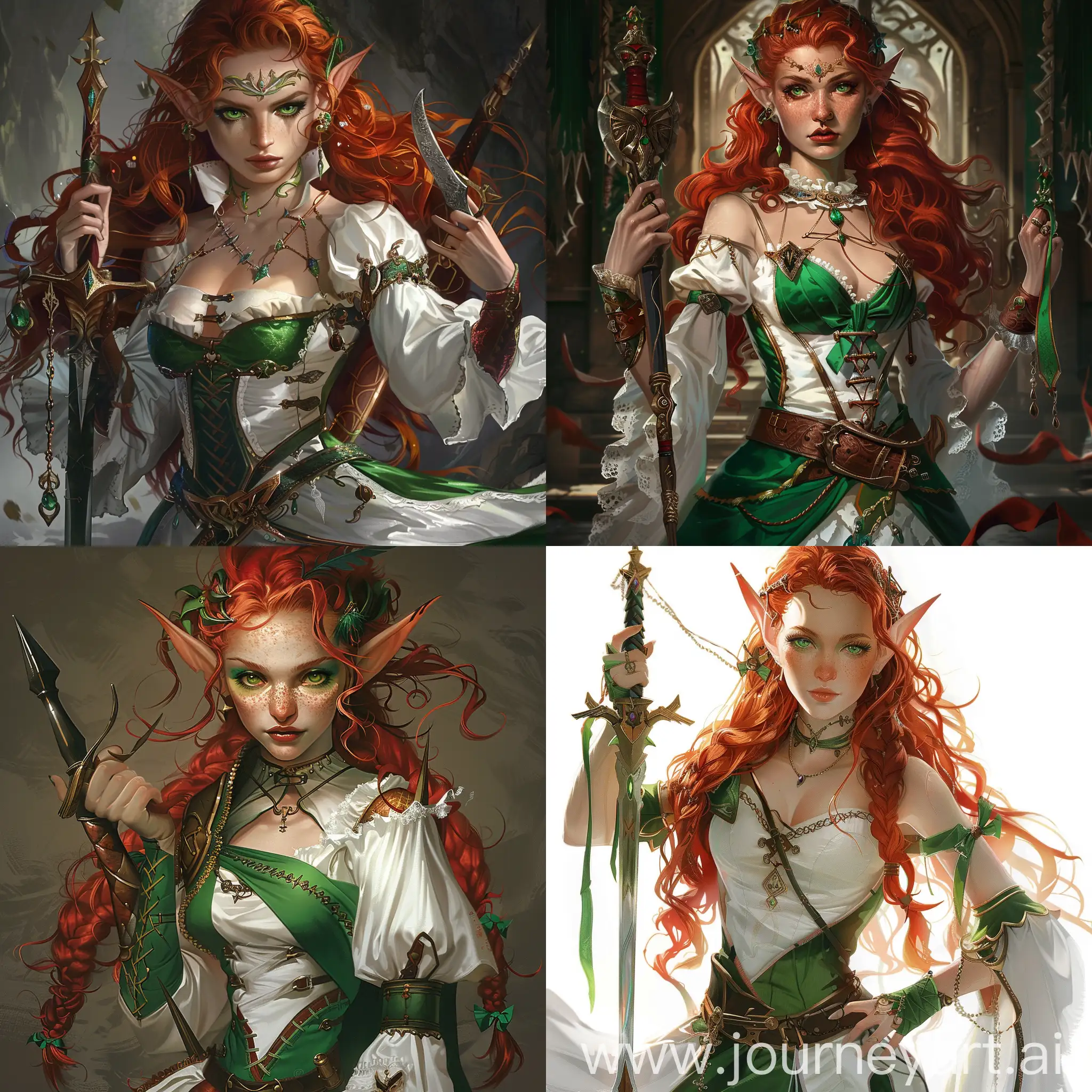 Elfa pelirroja de ojos verdes, con una daga en la mano, un vestido blanco y verde, megalómana 