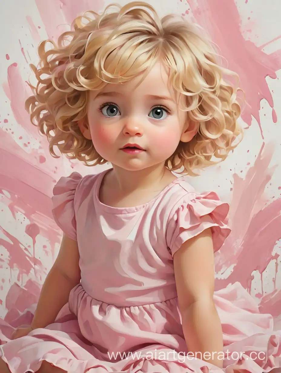 Girl 1 year old Pink Dress Curly Blonde Short hair, background brush strokes texture canvas color white
