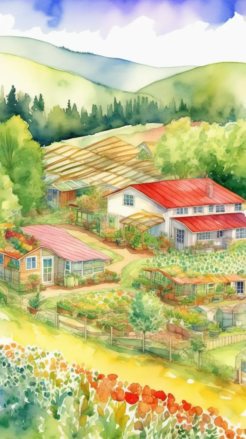 watercolor style, a beautiful 1 acre permaculture farm with rolling hills, bright and cheery 
feeling