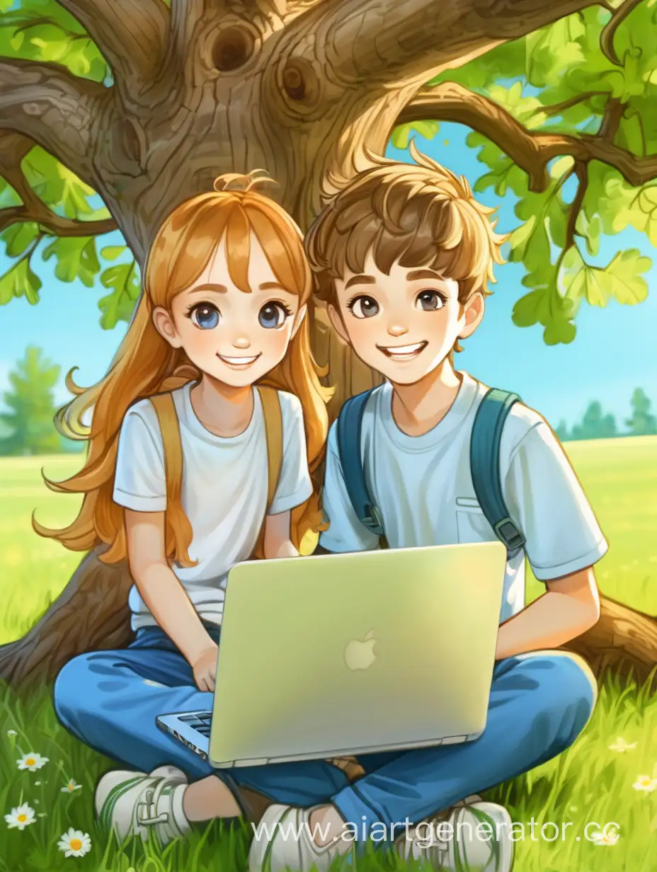 веселые девочка и мальчик работают на природе возле дуба летом в ноутбуке